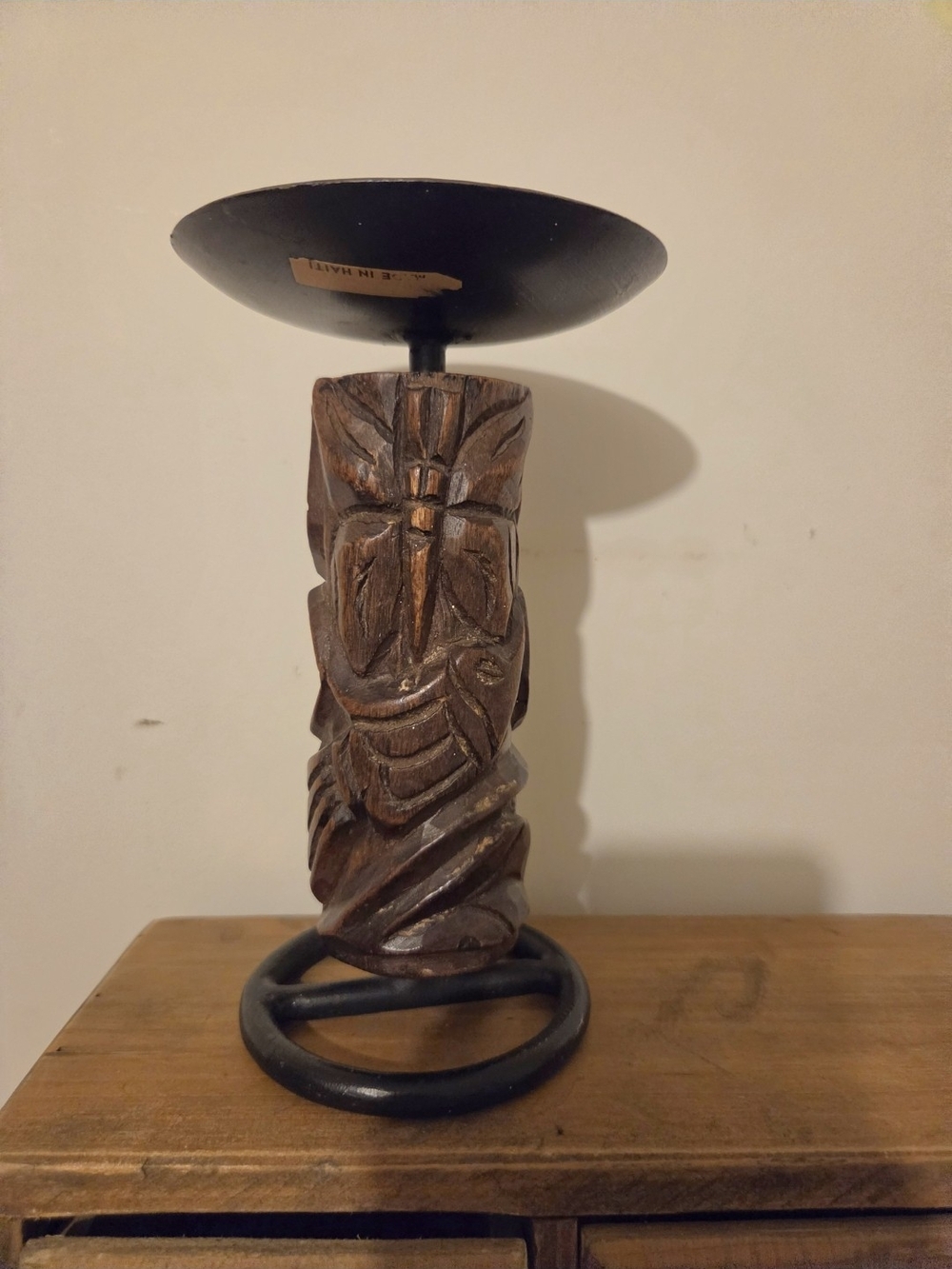Carved Wooden Tiki Candle Holder in Dark Brown with Black Metal Base